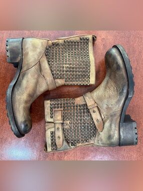 Studded Metallic Rubbed Bronze Leather Ankle/Combat Styled Boots